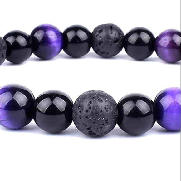 Bracelet Triple Protection Healing Stones Obsidian, Purple Tiger Eye, Lava - Picture 4 of 14